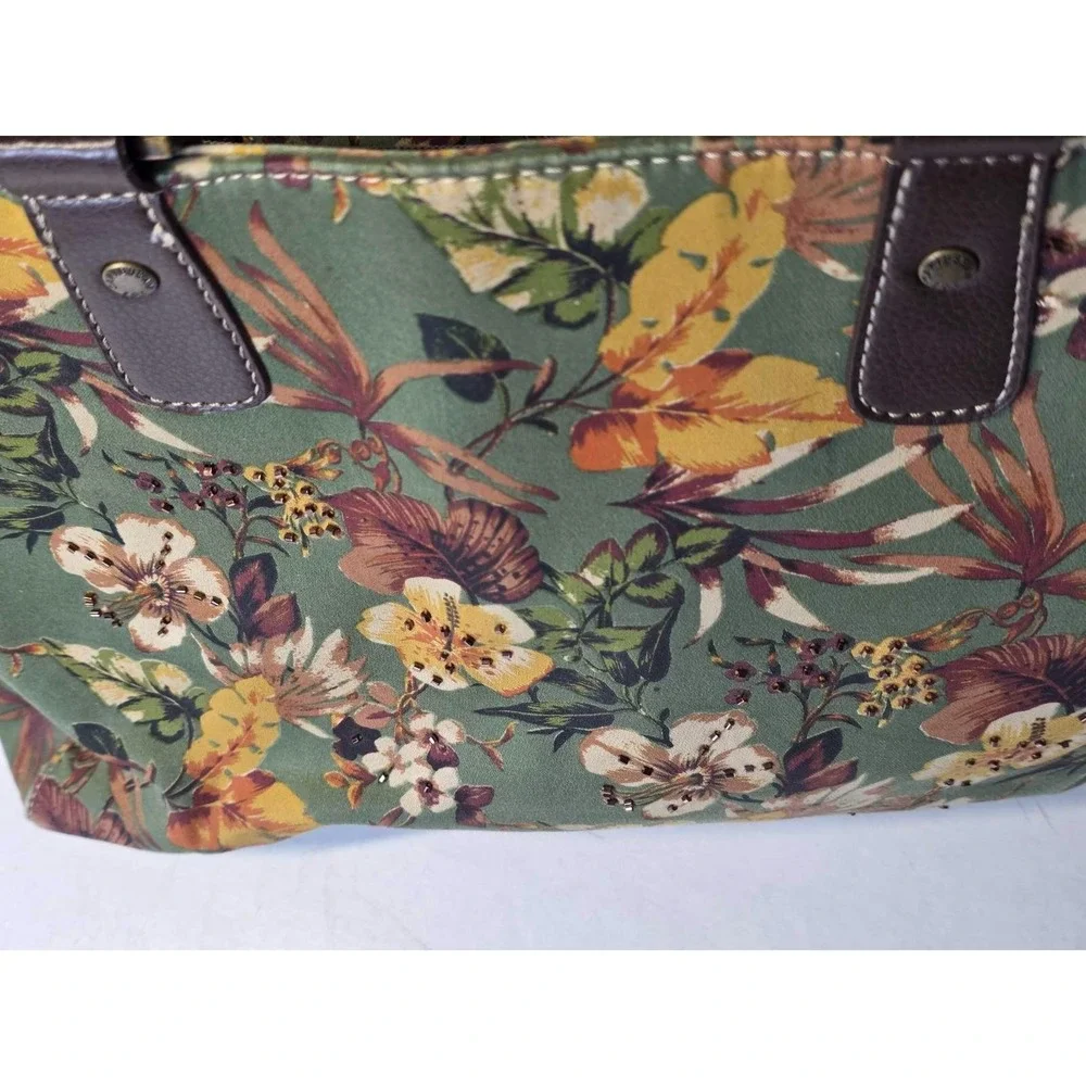 Caribbean Joe ShoulderBag‎ Handbag Floral Print Green Brown Purse Pouch Bag